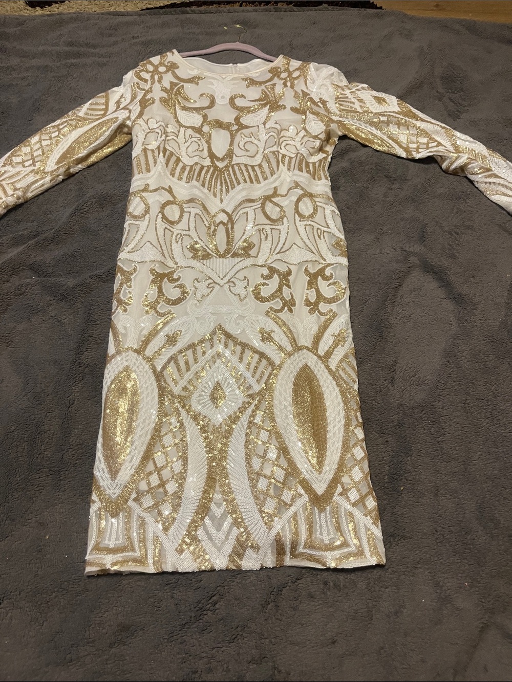 White & Gold Sequin Long Sleeve Cocktail Dress